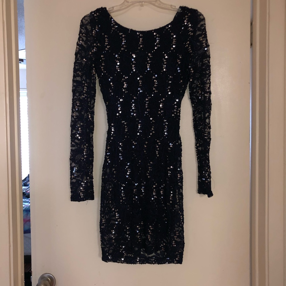 Blue sequined long sleeve cocktail dress